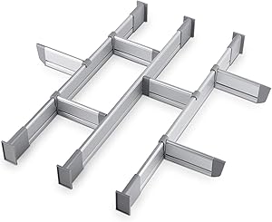 Practical Comfort Adjustable Drawer Organizer | Elegant Aluminum, Customizable, for Clutter-Free Kitchen, Junk Drawer, Office, Clinic | 9 Drawer Dividers (3 Long + 6 Short), Medium 17.5" - 19.7" deep