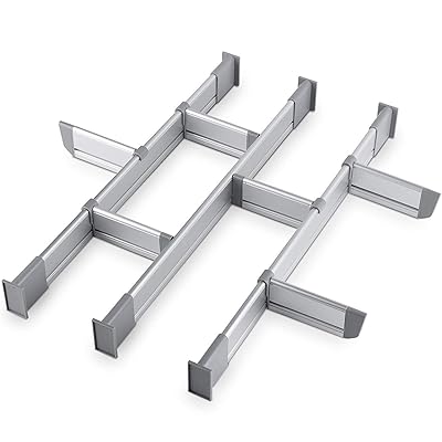 Practical Comfort Adjustable Drawer Organizer | 9 Drawer Dividers (3 Long + 6 Short), Medium 17.5" - 19.7" deep | Customizable, Elegant Aluminum, for Clutter Free Kitchen, Junk Drawer, Office, Clinic