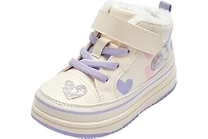 Balabala Toddler Girl's High-Top Sneakers, Winter Warm Hook & Loop Fashion Toddler Shoes with Heart Design