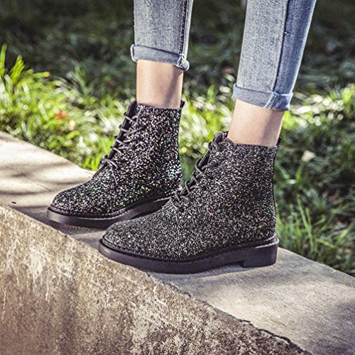 Hot Sale! Women Boots,Sunfei Women Flat Ankle Snow Motorcycle Boots Female Suede Leather Lace-Up Boot (Shine Black, 36)