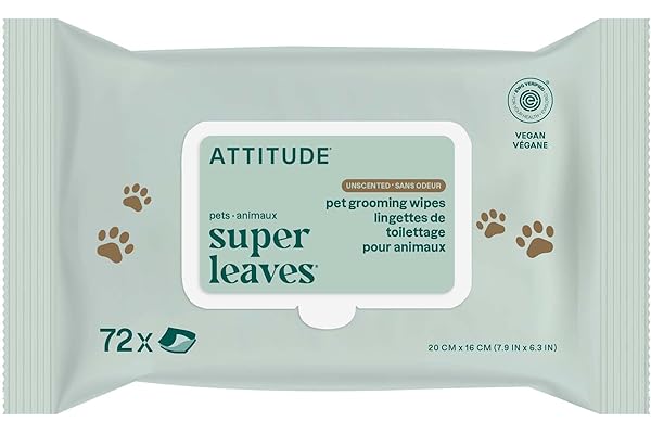 ATTITUDE Pet Wipes for Dogs & Cats, 99% Water, EWG Verified, Gentle & Unscented Cleaning Wipes for Paws, Ears, Face & Body, D
