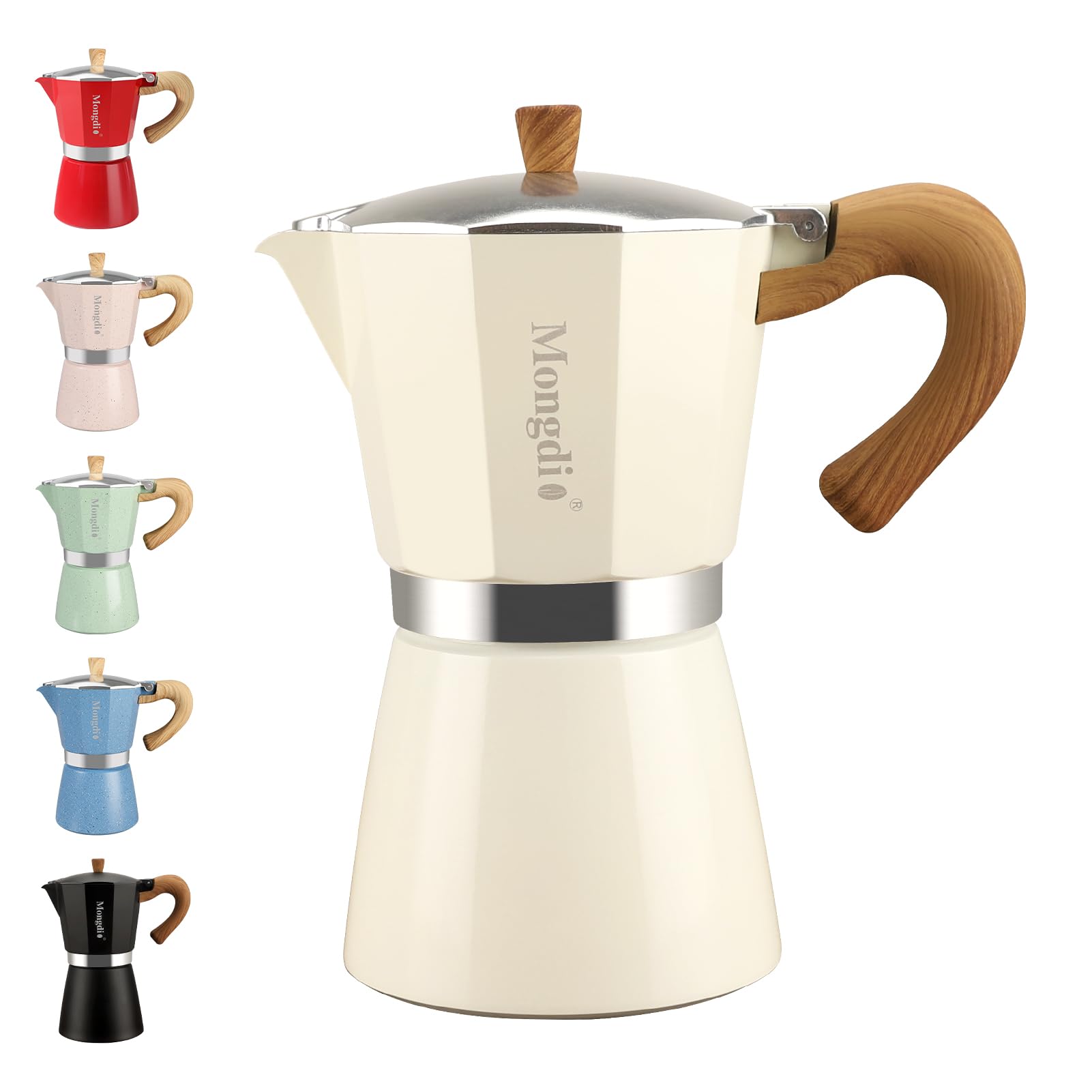 Photo 1 of Mongdio Stovetop Espresso Maker Moka Pot, Cuban Coffee Maker Stove top coffee maker Moka Italian Espresso Greca Coffee Maker Brewer Percolator, 6 Espresso Cups, 10 oz - White