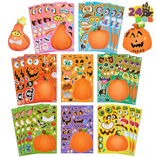 JOYIN 24 Pcs Halloween Pumpkin Decorating Stickers, Party Favor for Kids, Art Crafts Party Supplies, Pumpkin Face Sticker with 8 Designs, Halloween Treats Classroom Activities Games