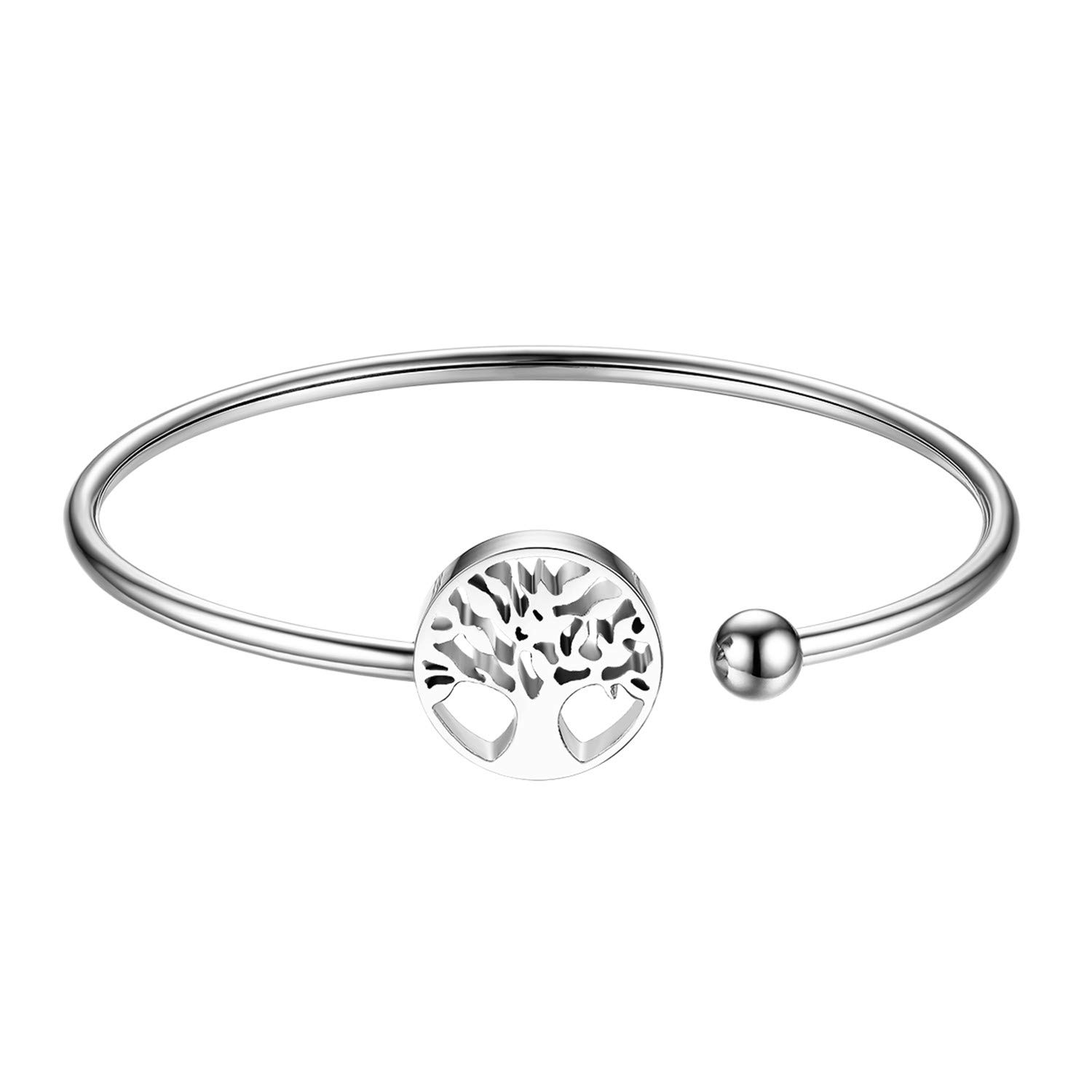 JewelryWe Cuff Bracelet with Classic Tree of Life Charm Open Cuff Bangle Bracelets for Women Girls(Silver)