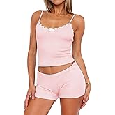 Lacozy Sexy Pajama Sets for Women 2 Piece Cute Pj Set Lightweight Lace Trim Cami Top and Shorts Sleepwear Summer