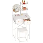 19.7"W Small Vanity Desk with Mirror &amp; Chair, Mini Cute Makeup Vanity Table Set with 2 Fabric Storage Drawers Opening Shelves, Compact Vanity Desk for Kids Girls Gifts, Bedroom &amp; Small Spaces, White