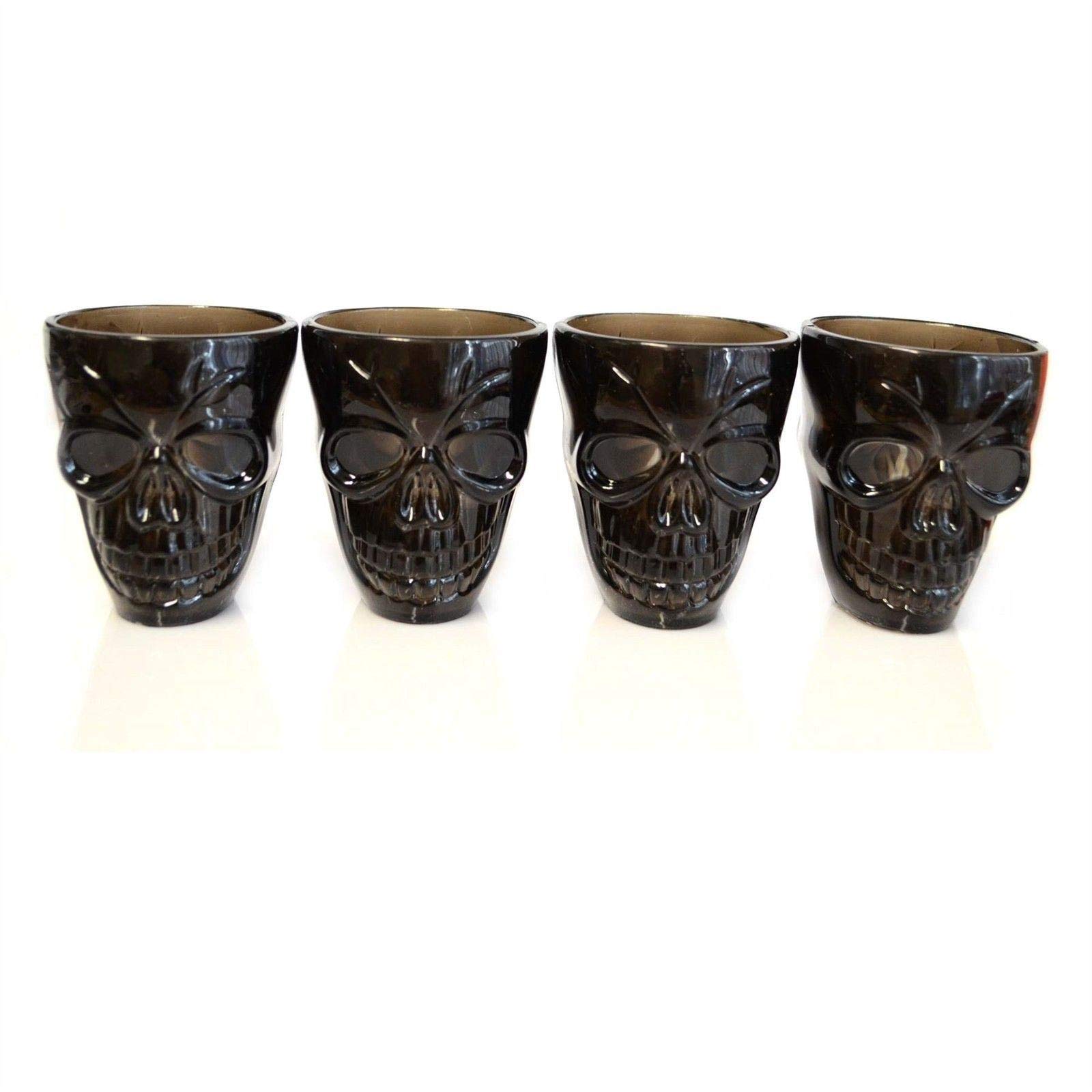 Set of 4 Halloween Black Shot Glasses with Spooky 3D Skull Shape Party Tableware Drink Accessories, 4 Glasses (Pack of 1)
