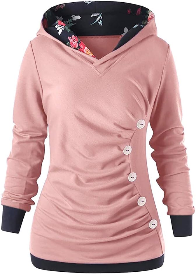 Plus Size Women Long Sleeve Hoodies with Button Printed Jumpers Autumn Sweatshirt Fashion