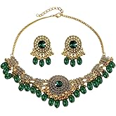 NewZenro Indian Beaded Tassel Dangle Drop Round CZ Stud Earrings Choker Necklace Set Adjustable Chain for Women Gold Plated Bollywood Uniqie Fashion Trendy Jewelry