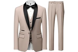 KUDMOL Men's 3 Piece Tuxedo Suit for Men One Button Jacket Suits Slim Fit for Wedding Prom Blazer Vest Pants