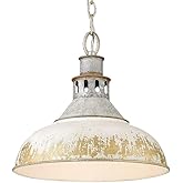 Vintage Style 1-Light Large Pendant in Aged Galvanized Steel with Rustic Antique Teal Shade 14 inches W X 13.38 inches H-Aged