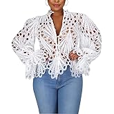 aihuajie Womens Sexy Lace Long Sleeve Ruffled Tops Cute Puff Flare Blouses V Neck Hollow Out Button Down Shirt Tunic