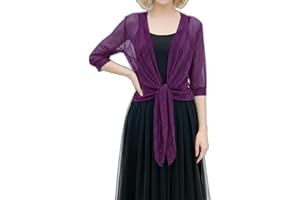 Women's Sheer Shiny Cardigan, 3/4 Sleeve Metallic Mesh Tie Front Shrug for Dresses