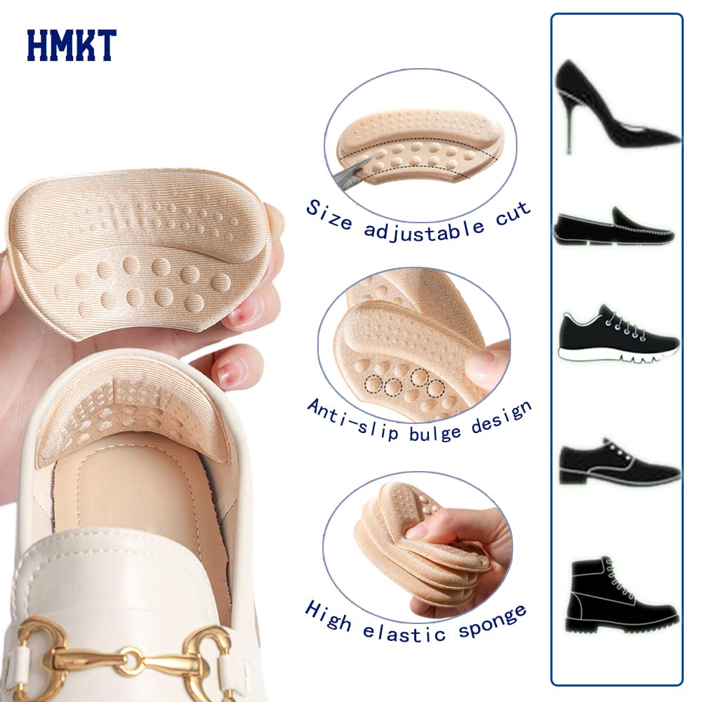 HMKT Heel Grips Liner Cushions Inserts for Loose Shoes Heel Pads and Metatarsal Pads for Shoes Too Big Women Men Prevent Heel Pain Blisters (Beige+Black)
