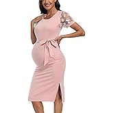 Floral Mesh Bishop Short Sleeve Maternity Midi Dress, Side Split Maternity Bodycon Dress for Baby Shower/Photoshoot