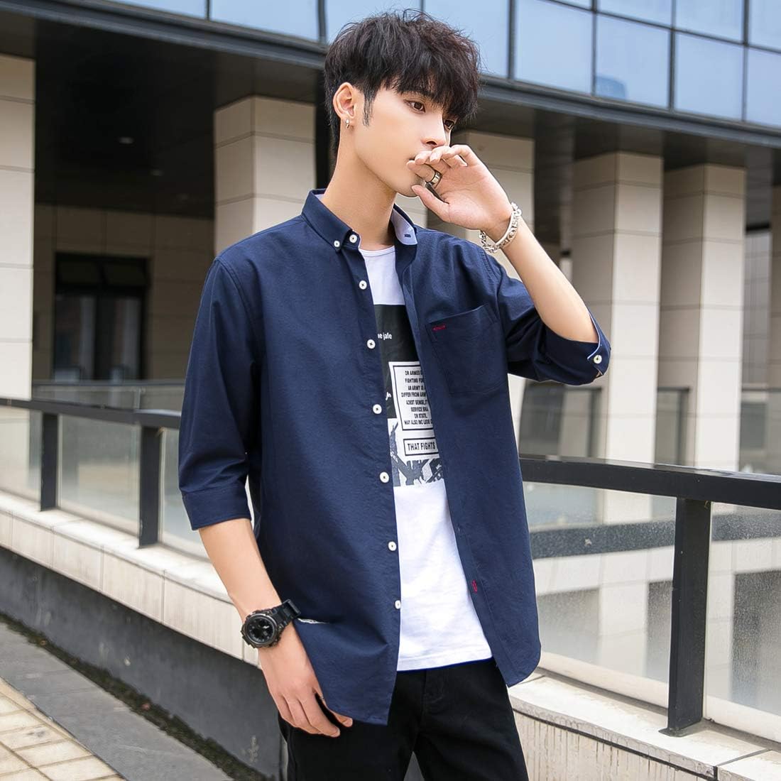 Amazon シャツメンズ 夏服 七分袖 吸汗速乾 汗染み防止 薄手 高通気性 無地 ワイシャツ カジュアル 通学通勤 春夏秋 対応 04 ネイビー Xl シャツ 通販