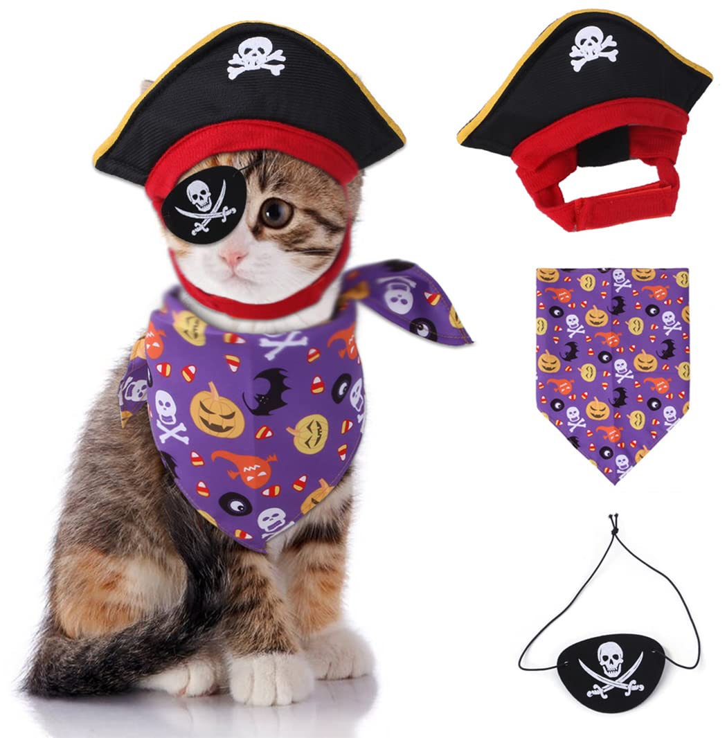 XIAOYU 3-Piece Halloween Dog & Cat Cosplay Set - Pirate Hat, Skull Triangle Bandana, Blindfold - Purple