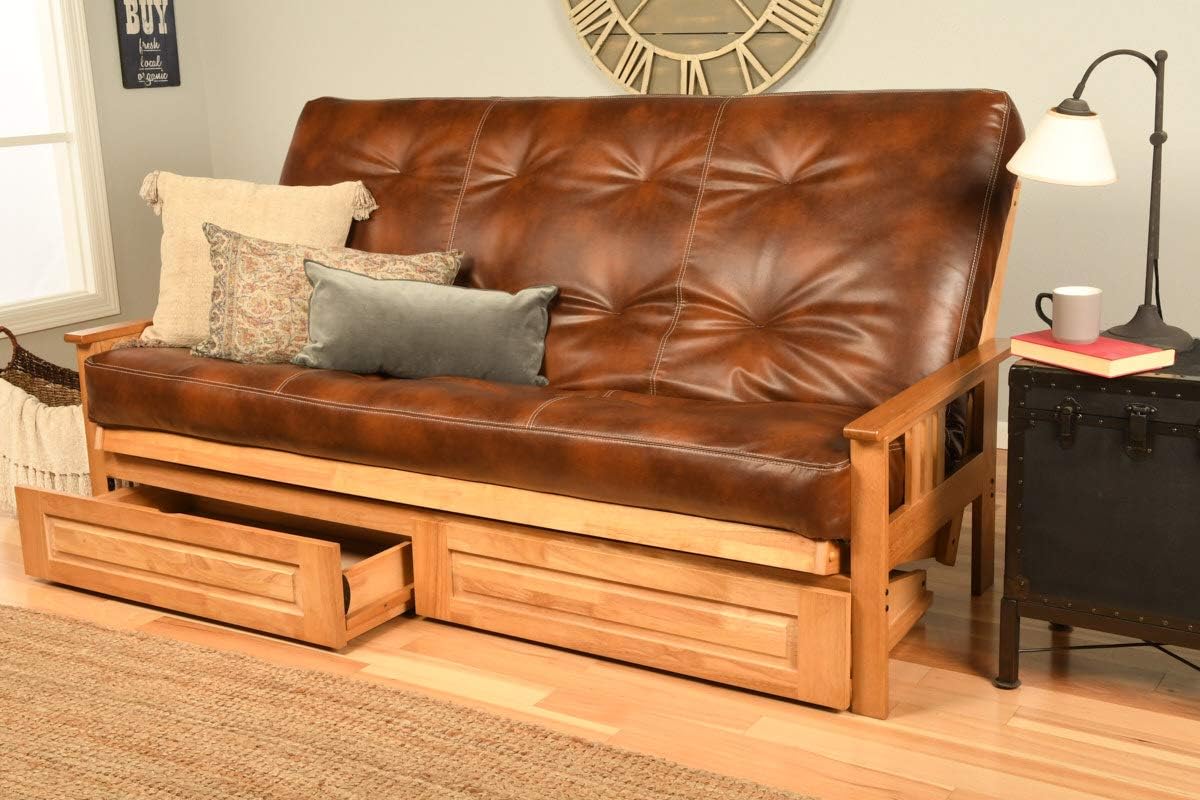 Kodiak Furniture Monterey Queen-size Futon, Storage Drawers, Butternut Finish with Oregon Trail Saddle Mattress