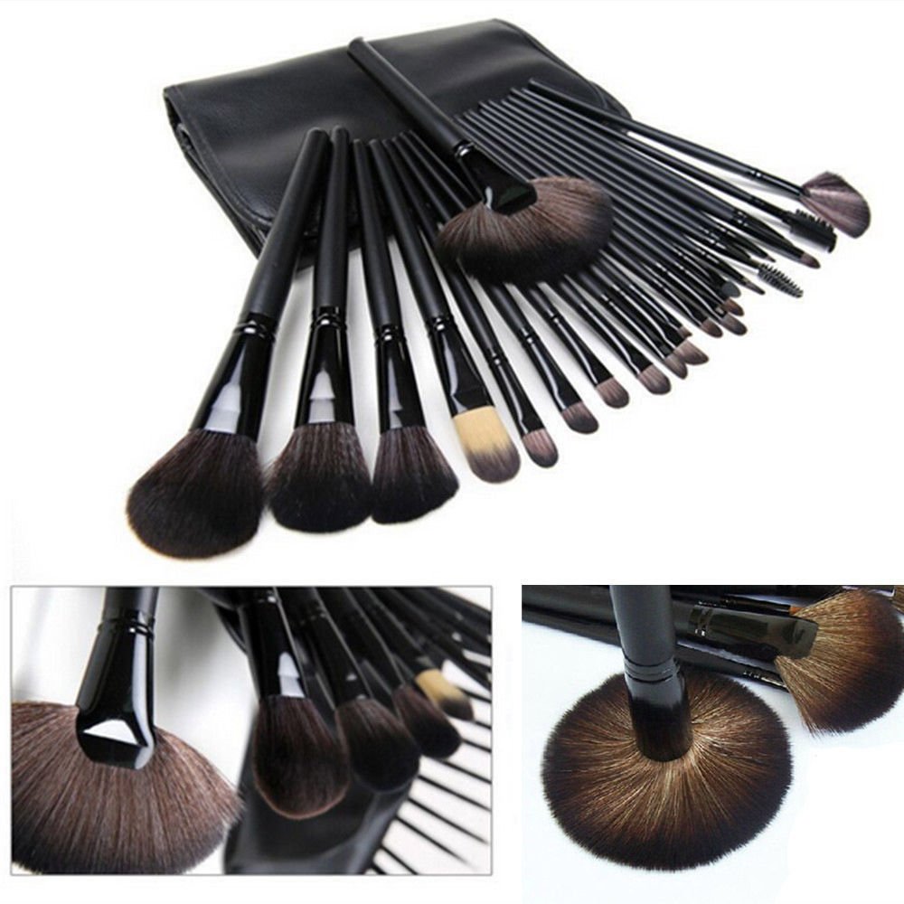 Aurelife Synthetic Hair Wooden Handle Makeup Brush Kit, Black, 24-Pieces Professional Brushes