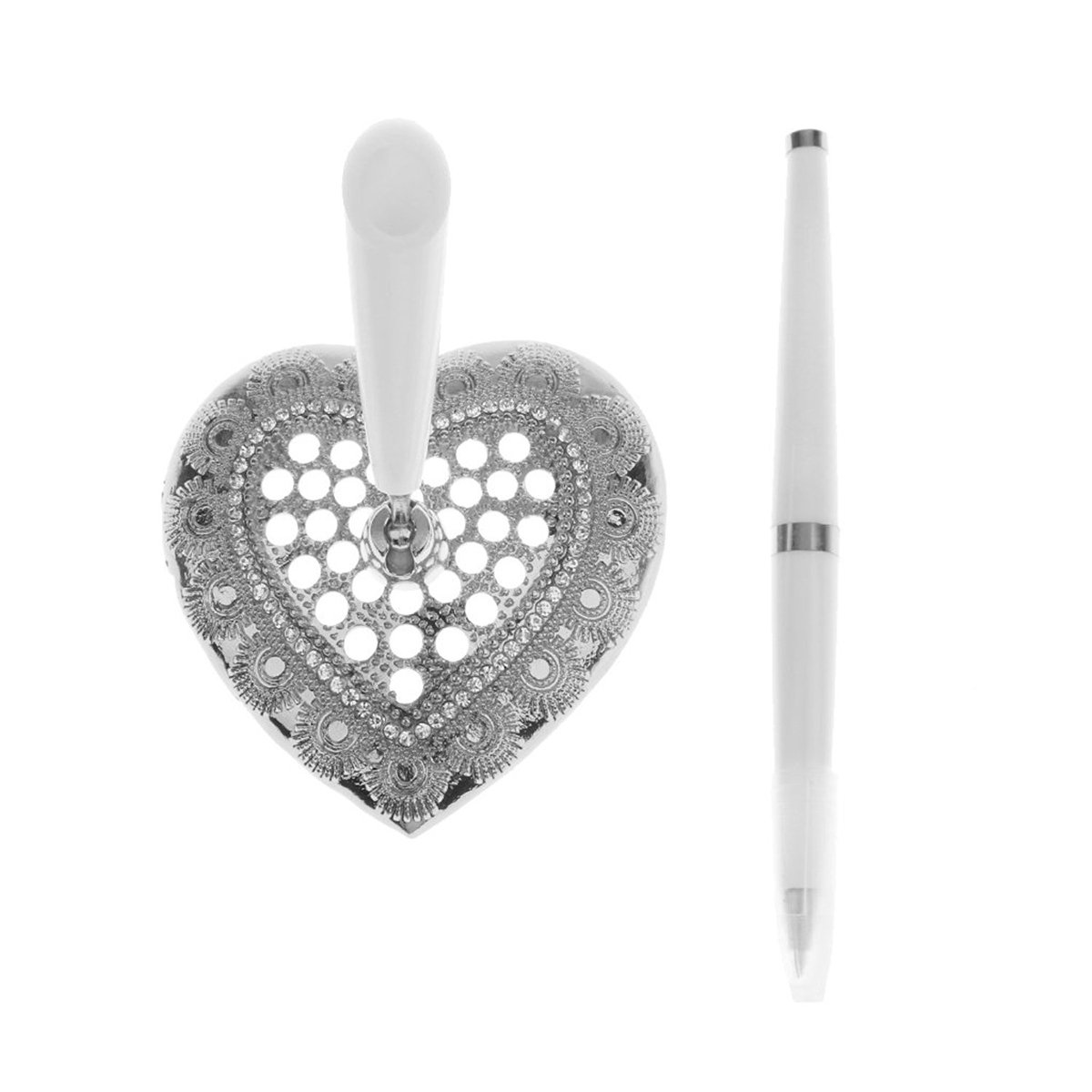 Joysiya Libro Degli Ospiti Matrimonio Con Penna – Design A Doppio Cuore E Strass, In Raso Bianco, 16,3x24,5 Cm - copertina