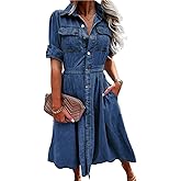 AprPith Women Denim Shirt Dress V Neck Short Sleeve Long Bottom Down A-Line Jeans Dresses with Pockets