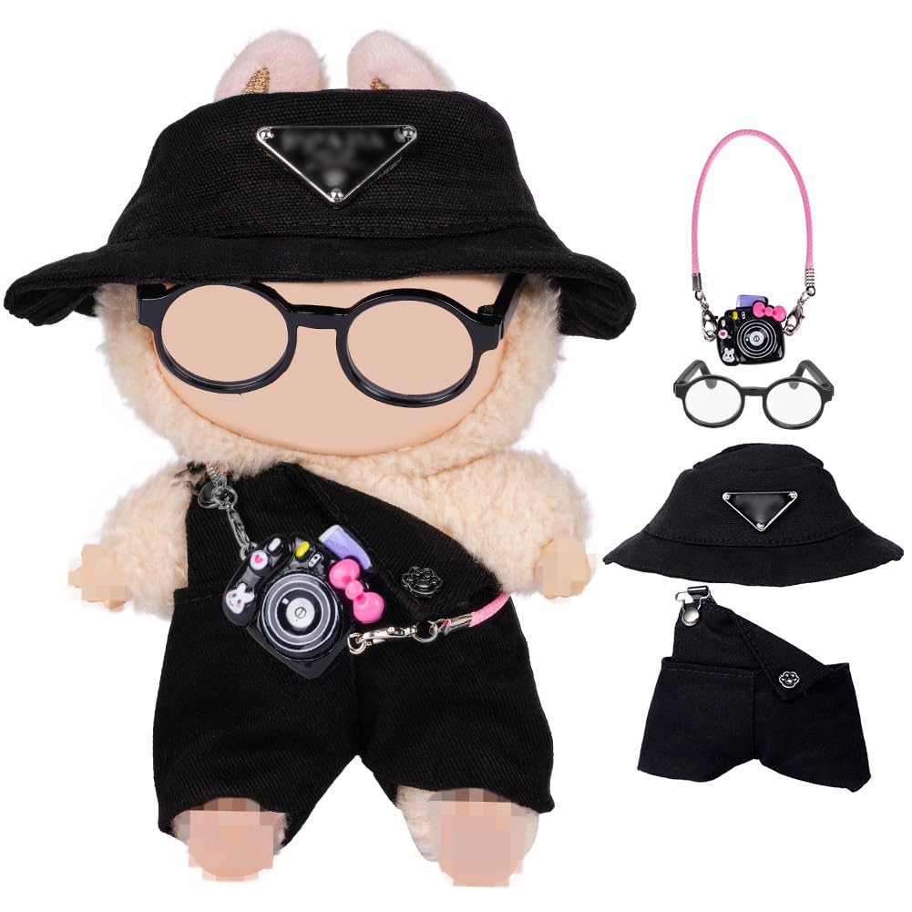 Vicloon 4 Pcs Doll Clothes For 17cm Dolls, Clothes & Accessories for Plush Dolls, Include 1 Hat 1 Overalls 1 Glasses 1 Camera, Birthday Holiday Present for Girls, Black (No Doll)