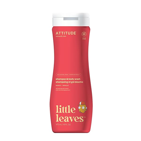 ATTITUDE SHAMPOO AND BODY WASH FOR KIDS, EWG VERIFIED HAIR AND BODY CLEANSER, DERMATOLOGICALLY TESTED SOAP, PLANT AND MINERAL BASED BATH PRODUCTS, VEGAN, MANGO, 16 FL OZ