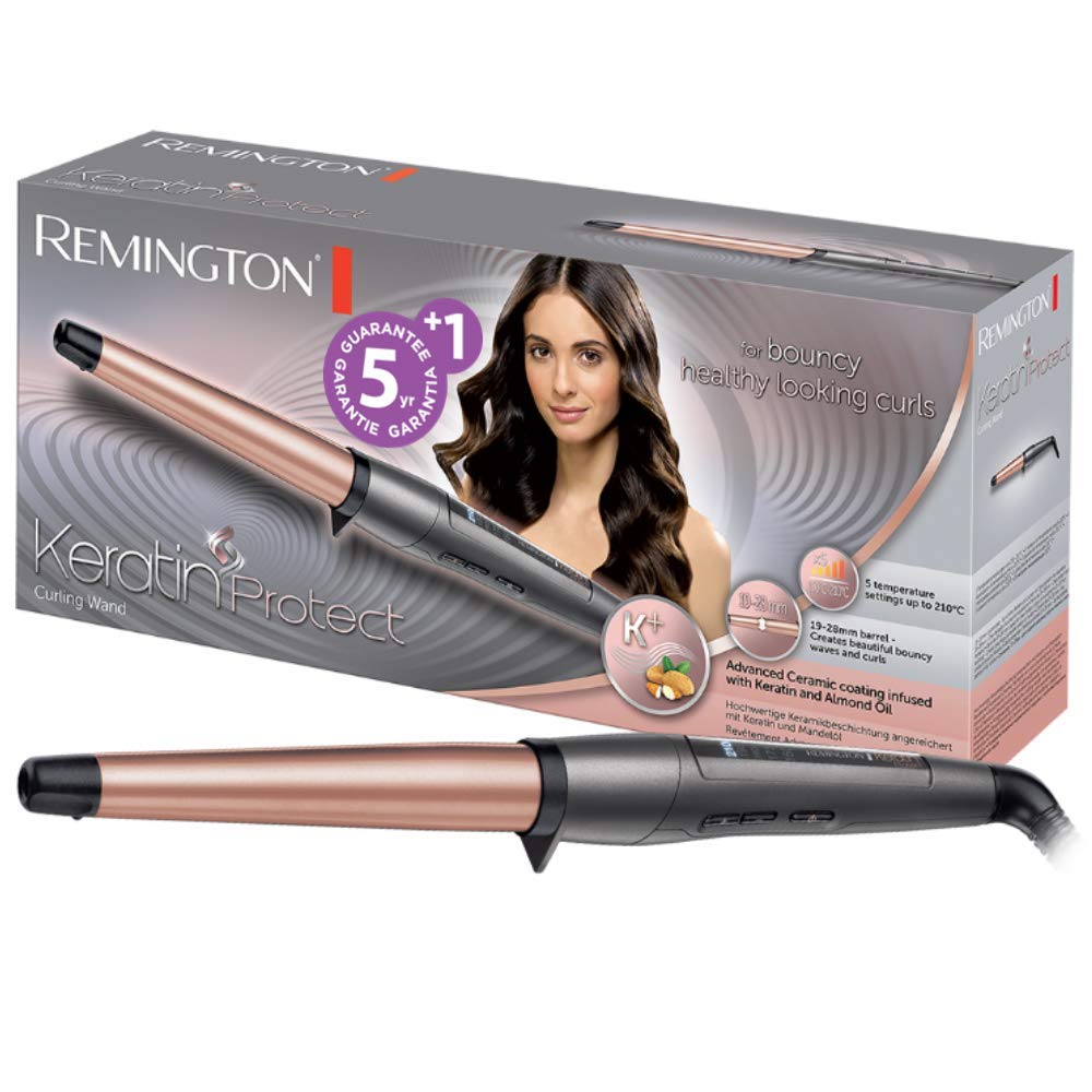Remington Rizador de Pelo Keratin Protect, Queratina y Aceite Almendras, Ondulador de Pelo con Barril de 19-28 mm, Cerámica, 5 Temperaturas hasta 210°C, Digital, CI83V6, Negro, Rose Gold