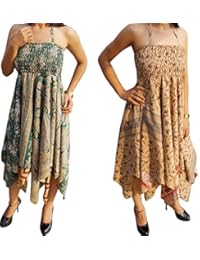 Lot Of 2 Ainsley Womens Halter Dress Handkerchief Hem Recycled Sari Beach Resort Wear Sundress S/M