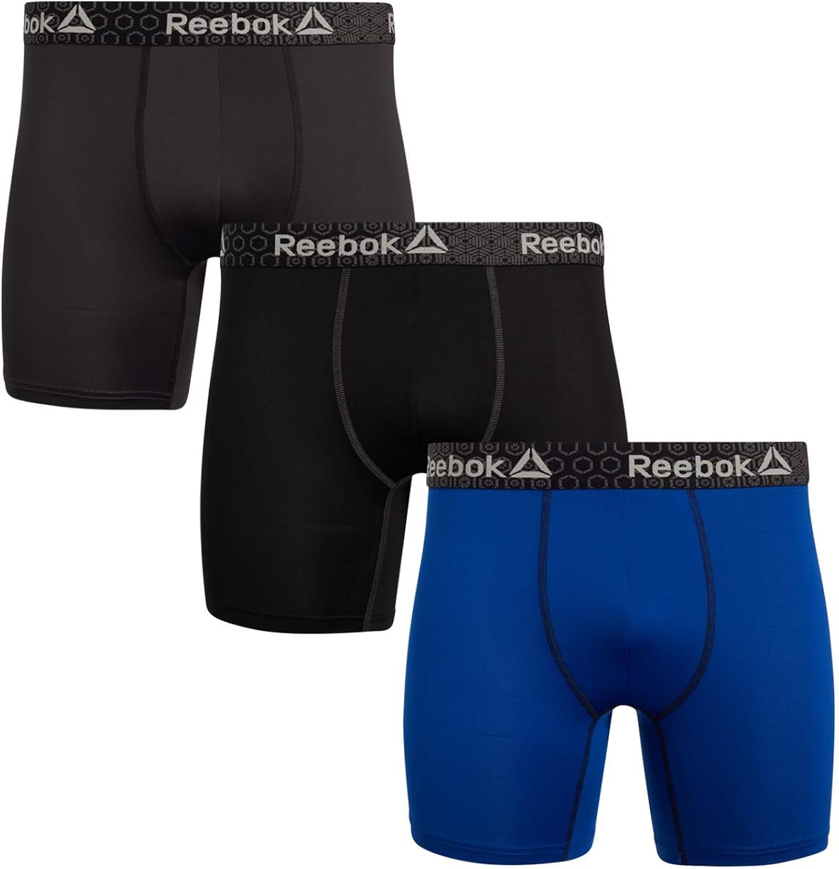 Reebok Mens 3 Pack Performance Quick Dry Moisture Wicking Boxer Briefs, Black/Cold Grey/Cobalt