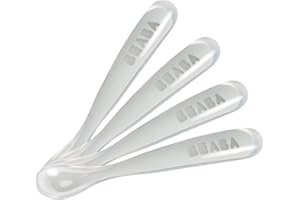 BÉABA BEABA Baby's First Foods Spoon Set, Original Silicone Baby Spoons, 4 Pack, BPA Lead & Phthalate Free, Gray