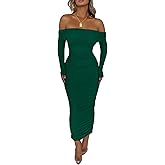 PRETTYGARDEN Women's Fall Off The Shoulder Maxi Dress Spring Long Sleeve Ruched Fitted Bodycon Club Dresses with Slit