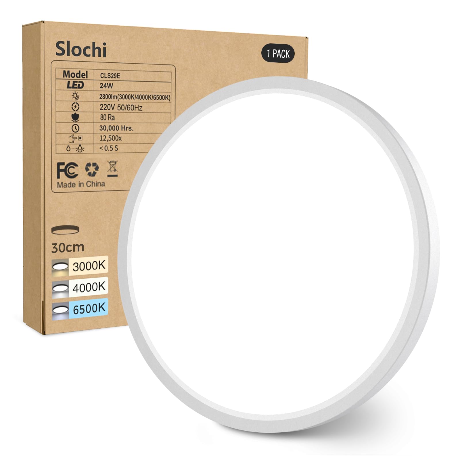 slochi Bathroom Light, 3000K/4000K/6500K 3 Color Temperature, Waterproof IP54, Small, Round, Modern, Flush Ceiling Light for Bathroom, Kitchen, Bedroom, Hallway and MoreØ30CM(White)