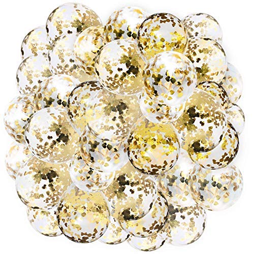Decopom Gold Confetti Balloons Curling Ribbon - Roll & Flower Clips 57 Pack | Premium 12 Inch Latex Party Balloons - Filled Round Golden Mylar Foil Dot Confetti Birthday, Wedding, Proposal