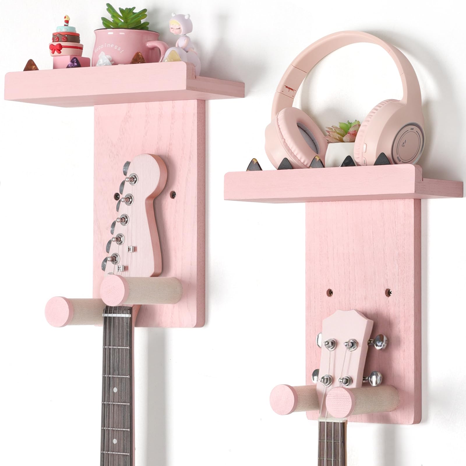 Photo 1 of Keebofly 2-Pack Guitar Wall Mount Hanger with Shelf & Pick Holder - Wood Wall Hook for Acoustic, Electric, Bass Guitars, Ukulele (Screw-Mounted, Pink) [Patented]