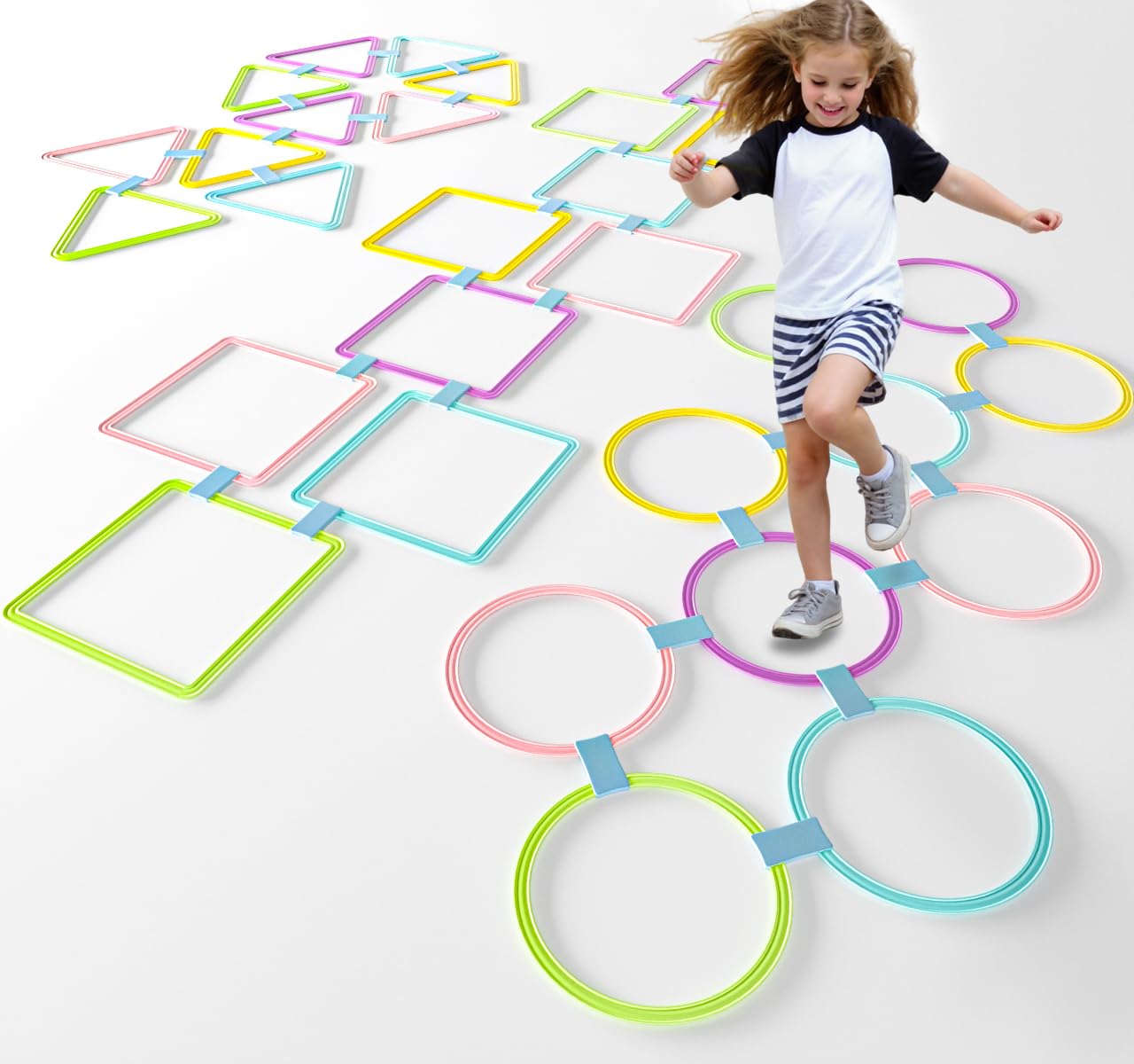 Photo 1 of Oranmew 3 Sets Hopscotch Rings & Bean Bag Toss - 30 Pcs Indoor/Outdoor Agility Rings (Square, Triangle, Round) with 6 Beanbags - 15 Inch Giant Obstacle Course Ring for Kids & Adults(Macaron)