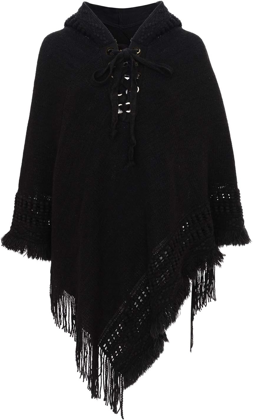 Women Poncho Sweater Hooded Lace Up Neckline Solid Knit Pullover Cape Shawl Wrap with Fringes Gifts for Women Mom