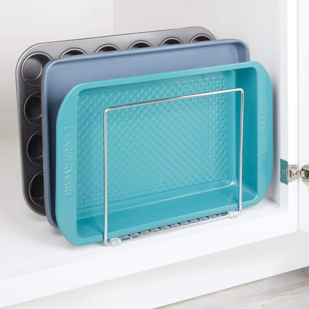 mDesign Metal Wire Organizer Rack for Kitchen Cabinet, Pantry, Shelves - Organizer Holder, 3 Slots for Skillets, Frying Pans, Lids, Cutting Boards, Vertical or Horizontal Placement, 2 Pack - Chrome: Kitchen & Dining