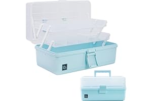 Creahaus 13 inch Art Craft Organizer Storage Box with 3 Layer, Multipurpose Plastic Tool Box with Handle for Sewing, Art Supply, Medicine, Nail, Hair Accessories (Blue)