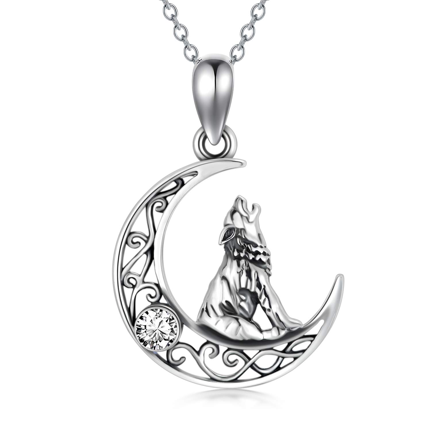 AOBOCO Sterling Silver Crescent Wolf Pendant Necklace, Wolf Jewellery Gifts for Women Her (White)