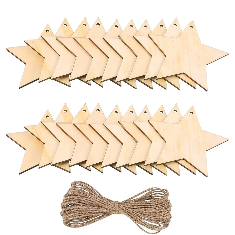 20 Pieces Natural Wooden Star Shape Pendants Star Wood Pieces Wooden Ornaments, Wood Log Slices for House Garden Home DIY Art Craft Christmas Tree Party Decoration