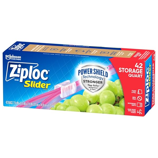 ZIPLOC QUART FOOD STORAGE SLIDER BAGS, POWER SHIELD TECHNOLOGY FOR MORE DURABILITY, 42 COUNT