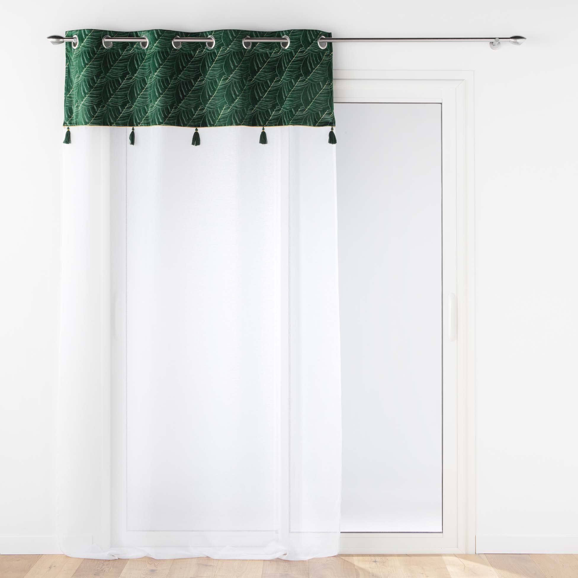 Douceur d'Intérieur, Eyelet Curtain 140 x 240 cm Green Sandblasted Voile with Top Velour and Pompom Palmina