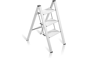 flygeneral 3 Step Ladder, Silver Aluminum Folding Ladder Stool, Wider Upgraded Non-Slip Treads, Portable Lightweight Ladder for Home and Kitchen, Holds up to 330 Lbs.