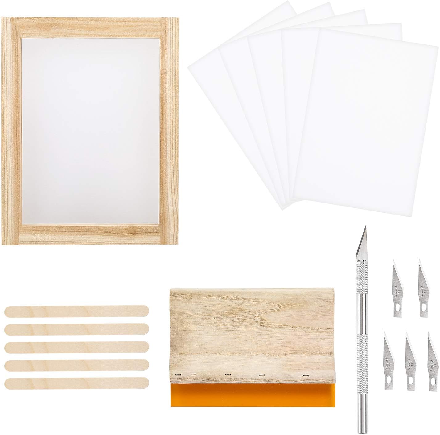 Peirich 18 Pieces Screen Printing Starter Kit Including 8 x 10 Inch Wood Silk Screen Printing Frames, Screen Printing Squeegee,Waterproof Transparency Film, Carving Knife for Stencil Method