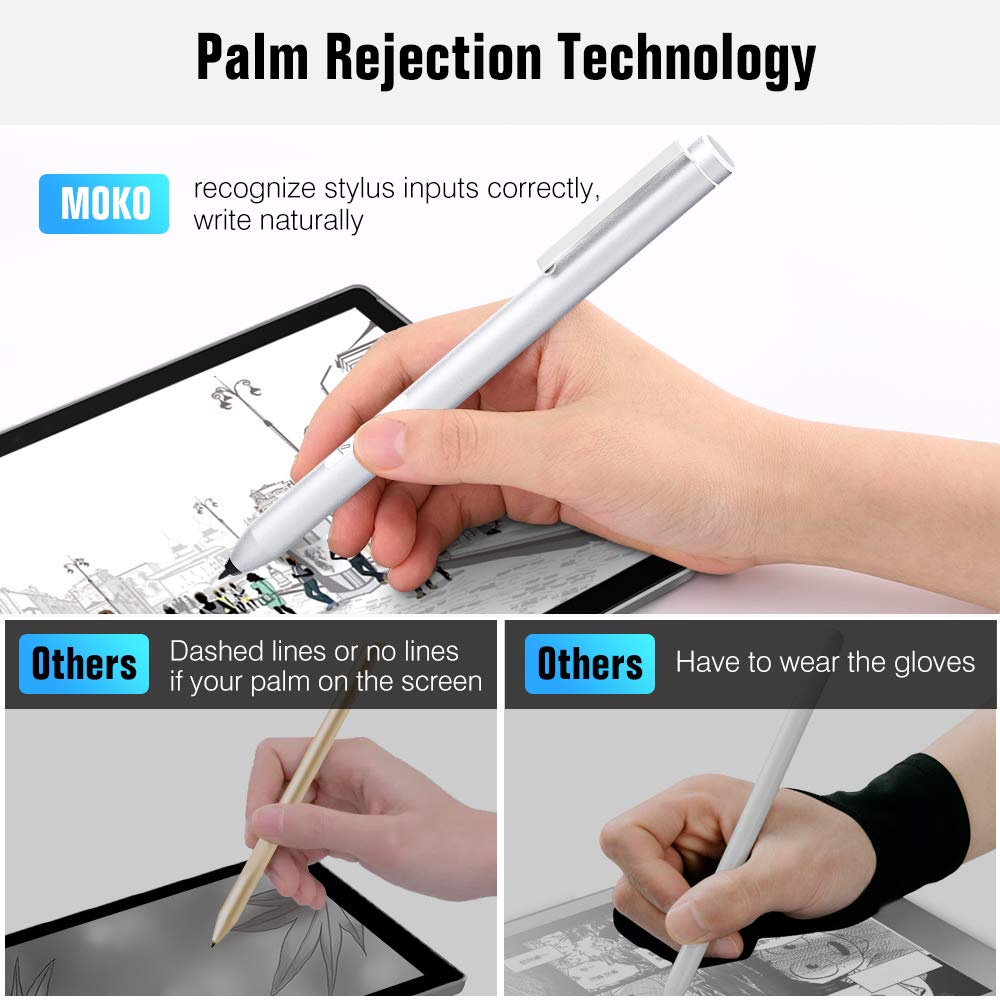 MoKo Stylus Pen Fit Surface, Active Stylus Pen with 4096 Pressure Sensitivity Supporting 600hrs Playing Time Compatible Surface Go 3/2/Go/Book/Laptop/Studio, Surface Pro 4/5/6/7/X 2019 - Sliver