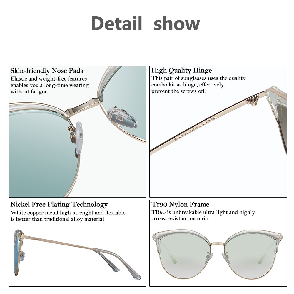 JOJEN Semi Rimless Cateye Polarized Sunglasses for Women Metal&TR90 Frame JE015(Transparent Frame Blue Lens)