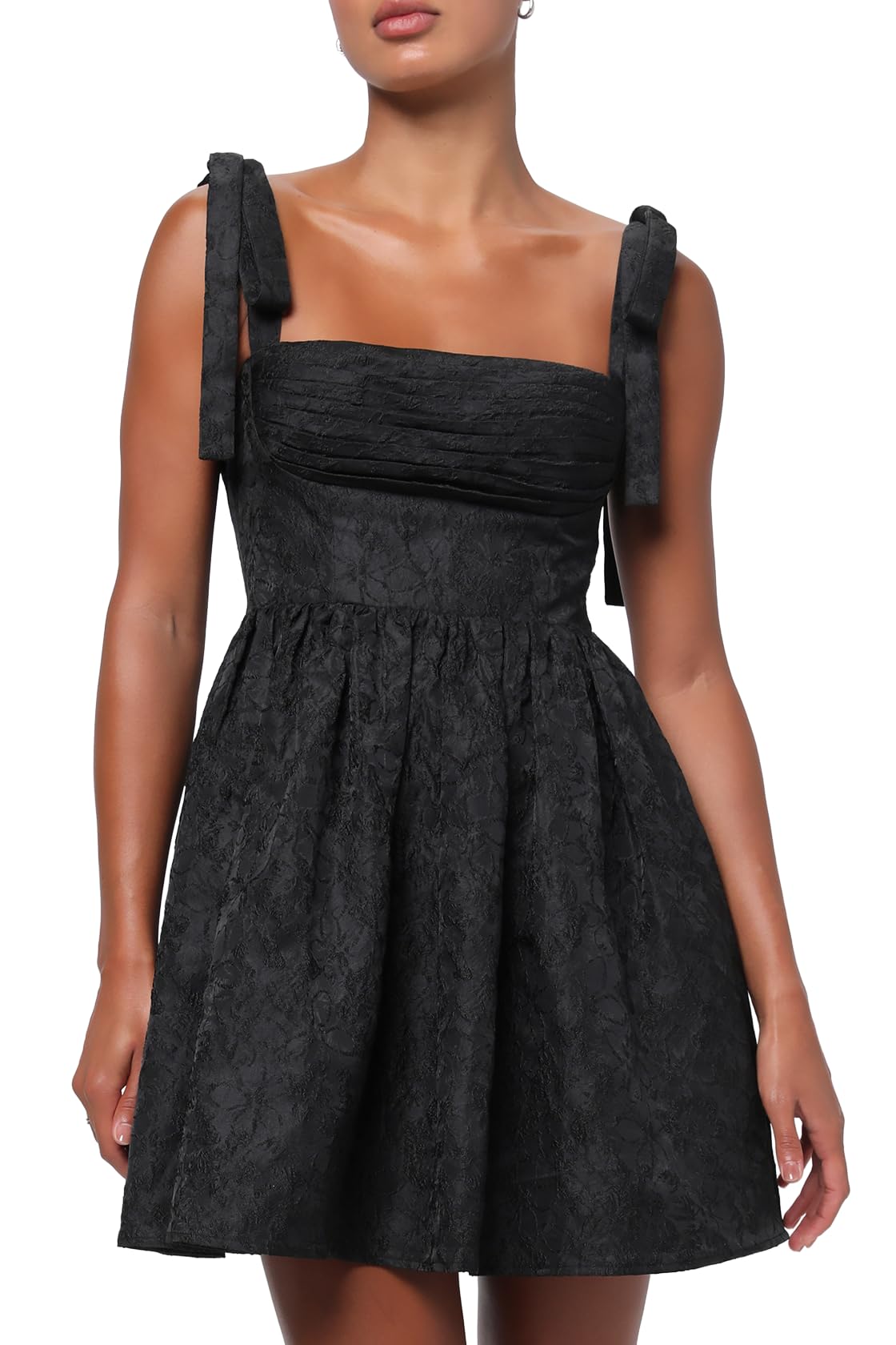 Lulus Sydney Tie Shoulder Mini Dress Floral Jacquard Sleeveless A-Line Cocktail Dress Black