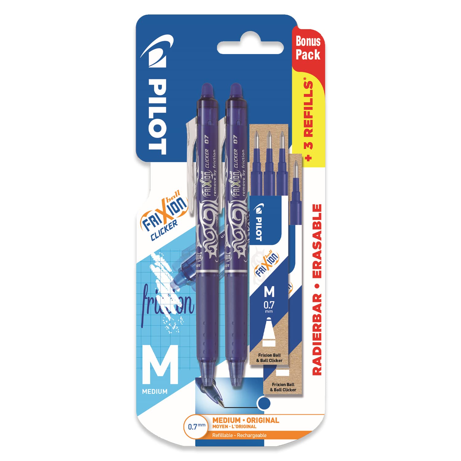 PILOT Frixion Clicker - Retractable Erasable Gel Ink Pens - Blue Ink - Medium 0.7mm Nib - Blister Pack of 2 + 6 Bonus Refills