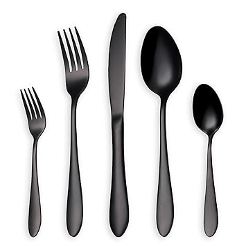 HOMQUEN Glänzend Schwarzes Besteck/Besteck Set, 30 Stück Edelstahl Messer Gabel Löffel Set für 6 Personen (schwarz, 6 Sets)